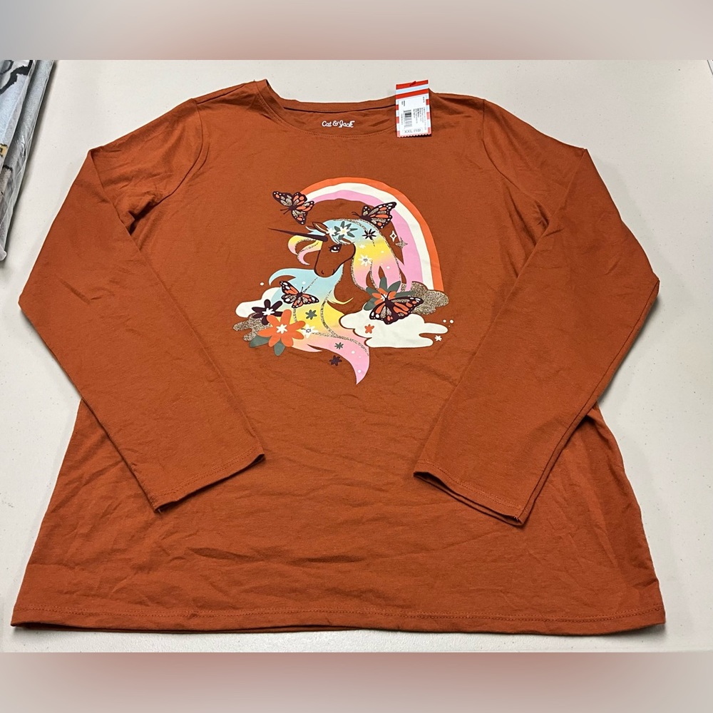 Orange Unicorn Graphic Tee T-Shirt Long Sleeve Crewneck…